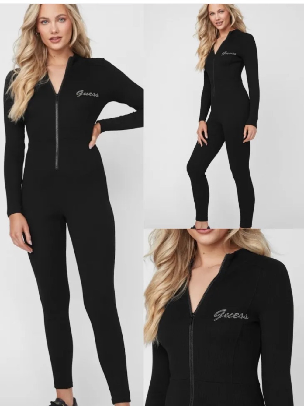 Guess Black Long-Sleeve Zip-Front Jumpsuit Y2K Rhinestone Logo XS